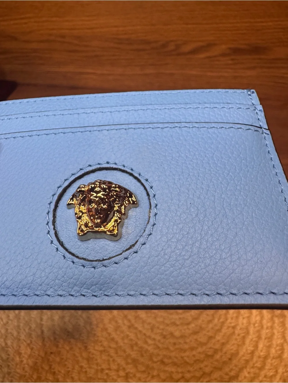 NEW Versace La Medusa Azure Blue Leather Card Holder Wallet With Box And Papers